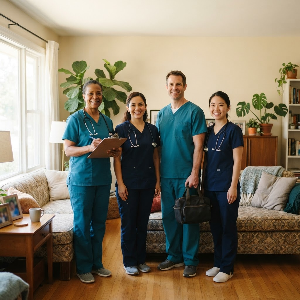 Astro Care's home health clinical team smiling together in a patient's home